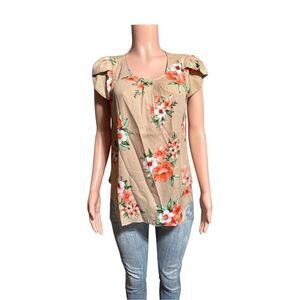 Dna couture women's crew neck floral tiered short ruffle sleeve blouse size L